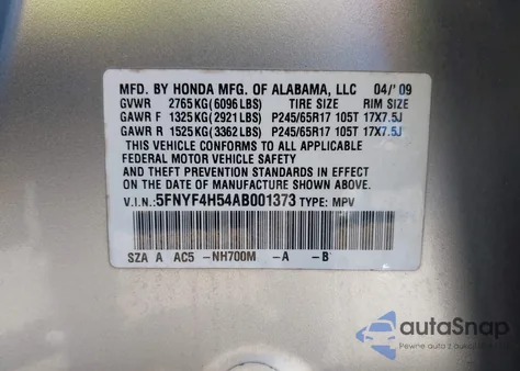 2010 Honda Pilot Ex-L z USA, uszkodzony, nr VIN 5FNYF4H54AB001373